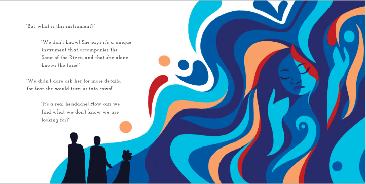 Two page spread depicting River Goddess, fishermen and Fadya
