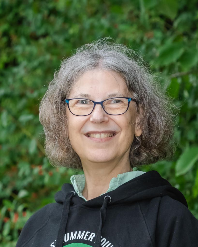 photo of Lyn Miller-Lachmann, who has 
grey hair, blue glasses, slightly tan white skin, and is wearing a mint green shirt under slightly faded black hoodie sweatshirt.